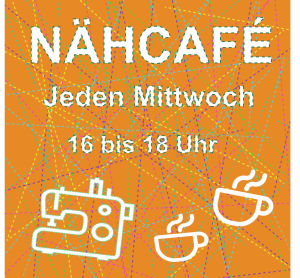 Nähcafé jeden Mittwoch von 16 bis 18 Uhr. Dieser Text und eine Nähmaschine sowie zwei Café-Tassen sind zu sehen.