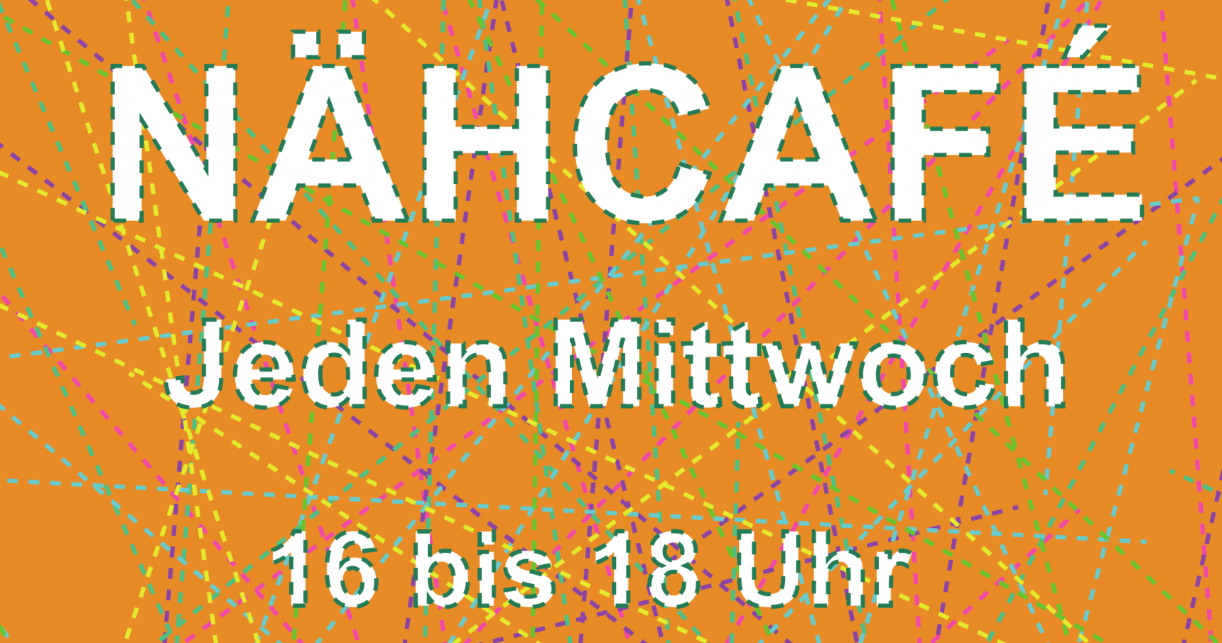 Nähcafé jeden Mittwoch von 16 bis 18 Uhr. Dieser Text und eine Nähmaschine sowie zwei Café-Tassen sind zu sehen.